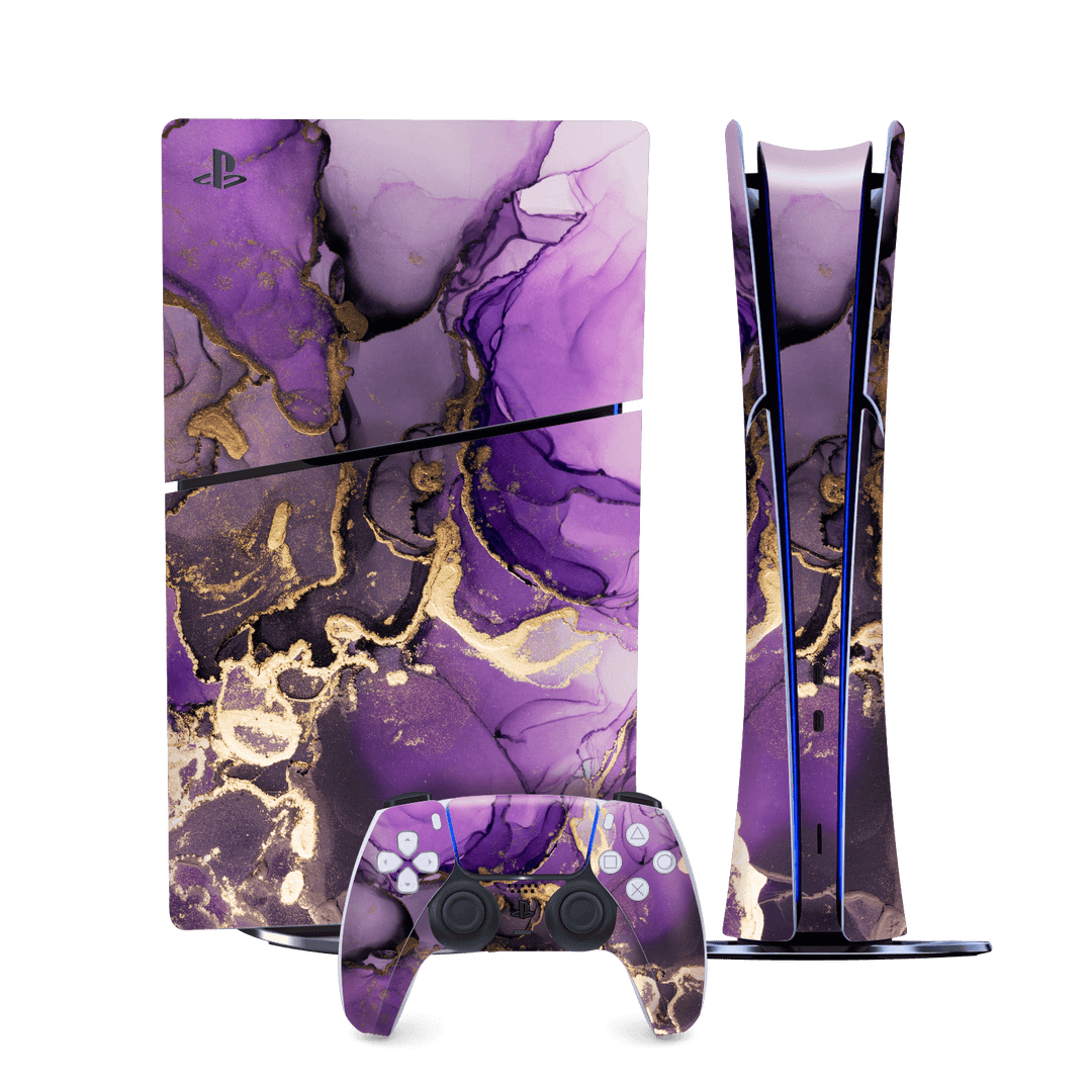 PS5 SLIM DIGITAL EDITION (PlayStation 5 SLIM) Print Printed Custom SIGNATURE AGATE GEODE Purple-Gold Skin Wrap Sticker Decal Cover Protector by QSKINZ | qskinz.com