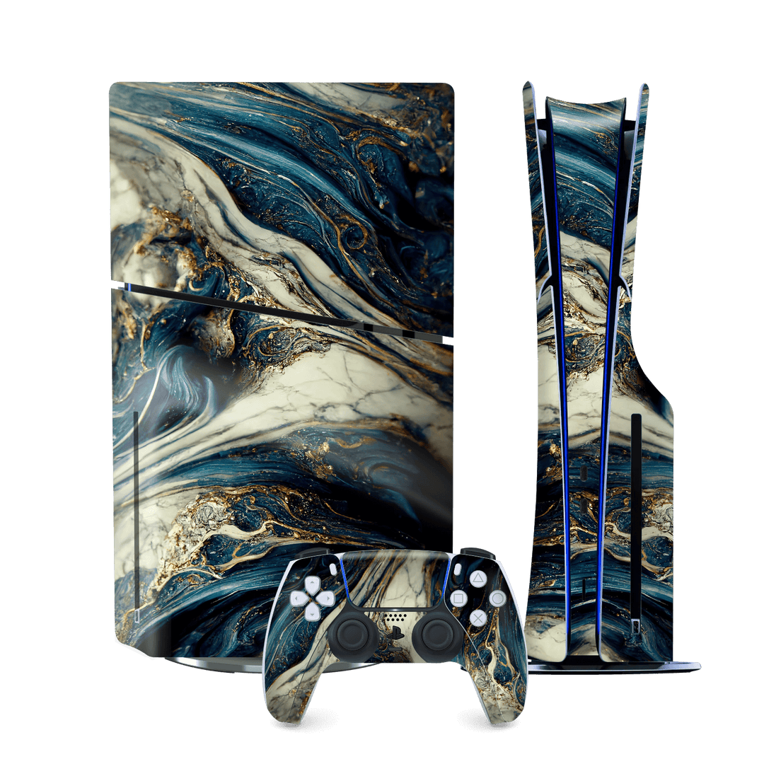 PS5 SLIM DISC EDITION (PlayStation 5 SLIM) Printed Custom SIGNATURE Agate Geode Naia Ocean Blue Stone Skin Wrap Sticker Decal Cover Protector by QSKINZ | qskinz.com