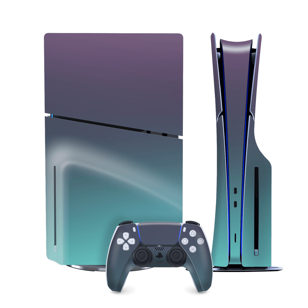 PS5 SLIM DISC EDITION (PlayStation 5 SLIM) Chameleon Turquoise-Lavender Lilac Colour-changing Metallic Skin Wrap Sticker Decal Cover Protector by QSKINZ | qskinz.com
