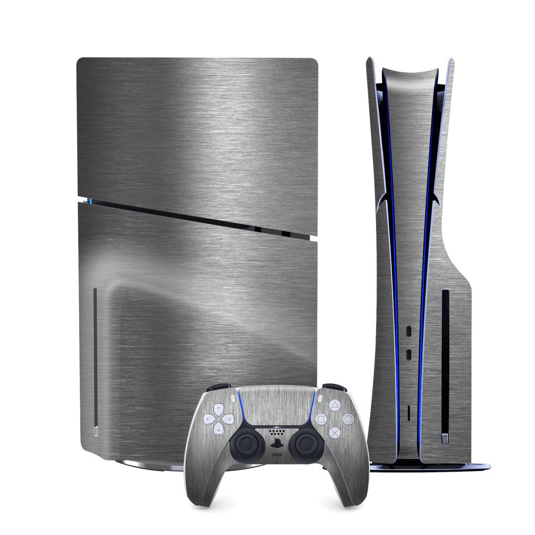 PS5 SLIM DISC EDITION (PlayStation 5 SLIM) Brushed Metal Titanium Metallic Skin Wrap Sticker Decal Cover Protector by QSKINZ | qskinz.com 