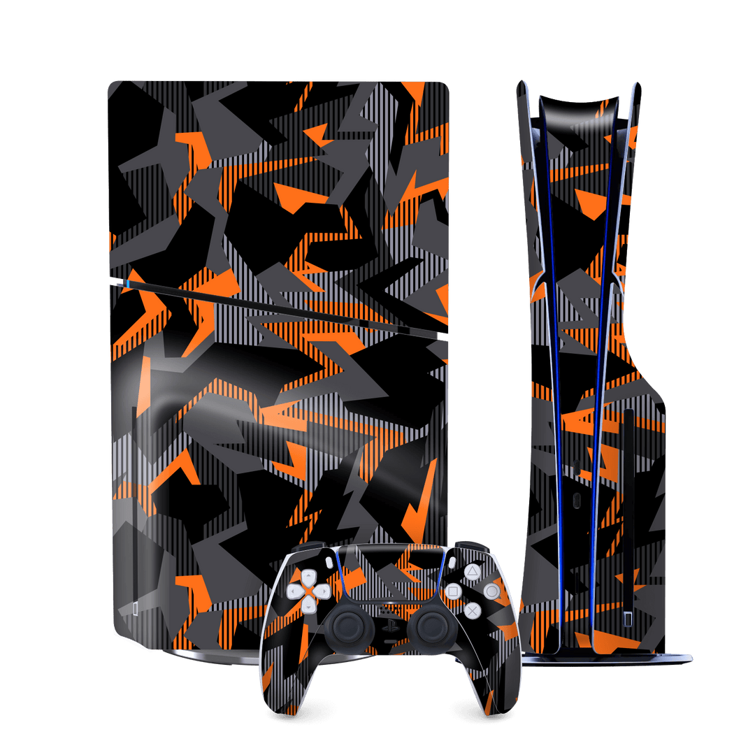 PS5 SLIM DISC EDITION (PlayStation 5 SLIM) Print Printed Custom SIGNATURE Sharp-Edged Orange Camo Camouflage Skin Wrap Sticker Decal Cover Protector by QSKINZ | qskinz.com