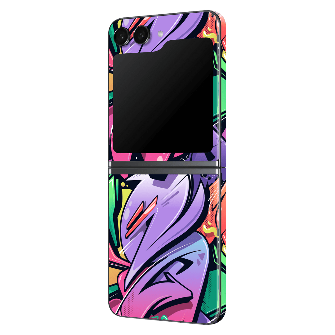 Samsung Galaxy Z Flip 5 (2023) Print Printed Custom SIGNATURE Japanese Style Pop Art Graffiti Pop Culture Purple Pink Yellow Green Skin, Wrap, Decal, Protector, Cover by EasySkinz | EasySkinz.com