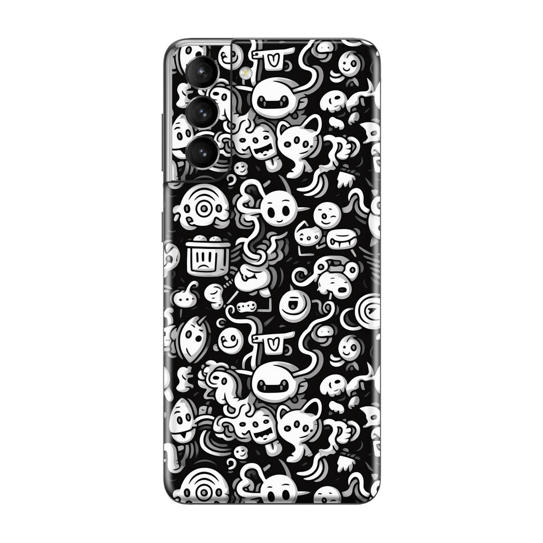 Samsung Galaxy S21 Print Printed Custom SIGNATURE Pictogram Party Monochrome Black and White Icons Faces Skin Wrap Sticker Decal Cover Protector by QSKINZ | QSKINZ.COM