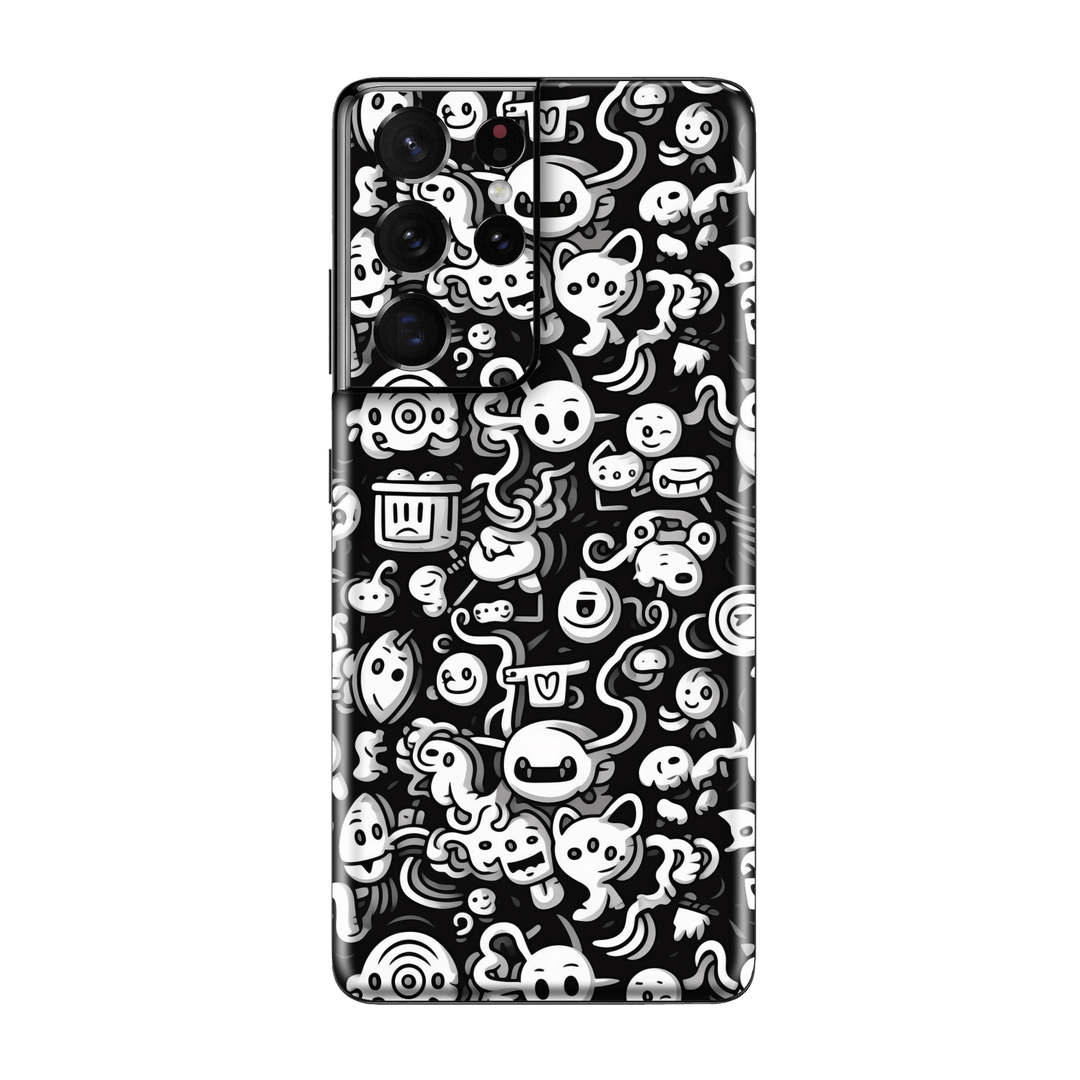 Samsung Galaxy S21 ULTRA Print Printed Custom SIGNATURE Pictogram Party Monochrome Black and White Icons Faces Skin Wrap Sticker Decal Cover Protector by QSKINZ | QSKINZ.COM