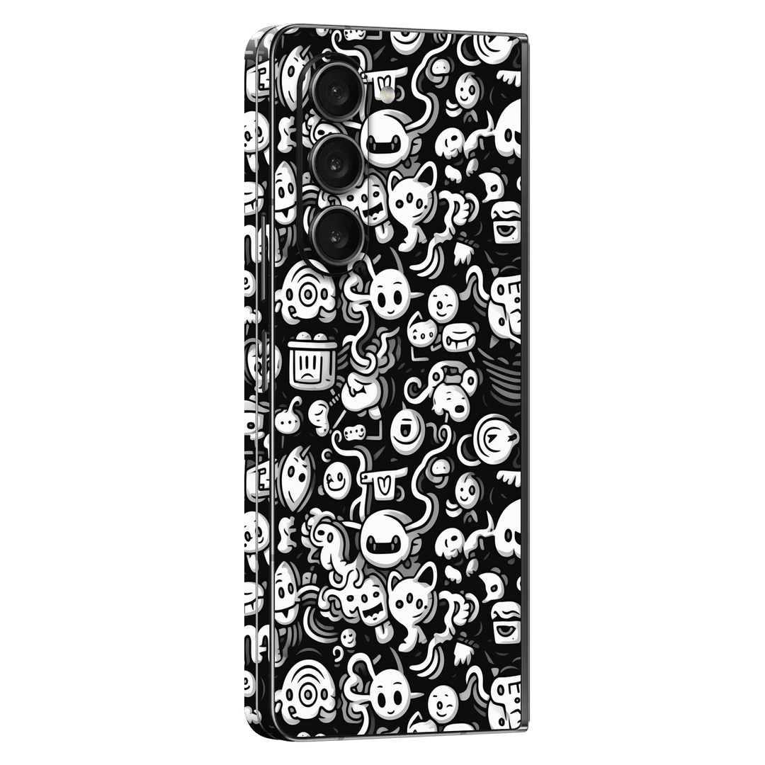Samsung Galaxy Z FOLD 5 Print Printed Custom SIGNATURE Pictogram Party Monochrome Black and White Icons Faces Skin Wrap Sticker Decal Cover Protector by QSKINZ | QSKINZ.COM