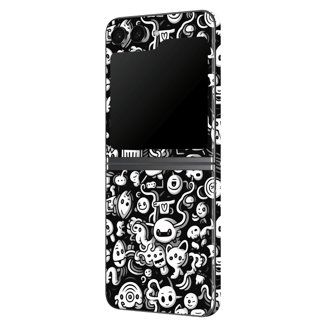 Samsung Galaxy Z Flip 5 Print Printed Custom SIGNATURE Pictogram Party Monochrome Black and White Icons Faces Skin Wrap Sticker Decal Cover Protector by QSKINZ | QSKINZ.COM