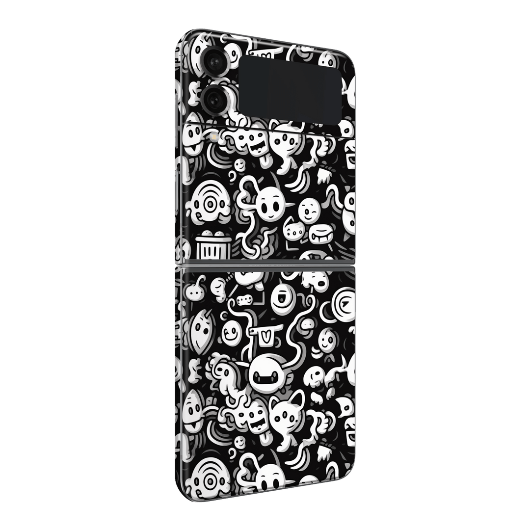 Samsung Galaxy Z Flip 4 Print Printed Custom SIGNATURE Pictogram Party Monochrome Black and White Icons Faces Skin Wrap Sticker Decal Cover Protector by QSKINZ | QSKINZ.COM