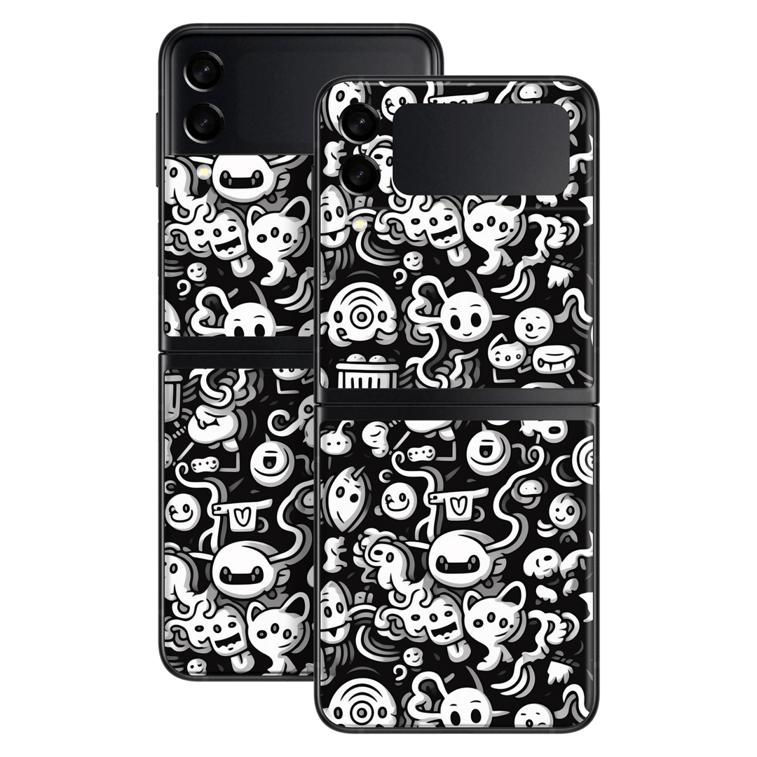 Samsung Galaxy Z Flip 3 Print Printed Custom SIGNATURE Pictogram Party Monochrome Black and White Icons Faces Skin Wrap Sticker Decal Cover Protector by QSKINZ | QSKINZ.COM