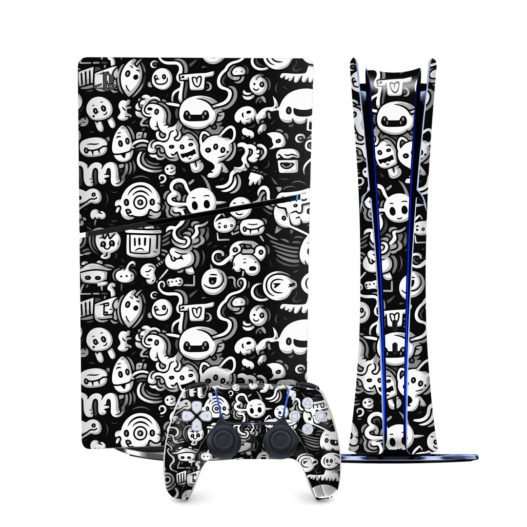 PS5 SLIM DIGITAL EDITION (PlayStation 5 SLIM) Print Printed Custom SIGNATURE Pictogram Party Monochrome Black and White Icons Faces Skin Wrap Sticker Decal Cover Protector by QSKINZ | QSKINZ.COM