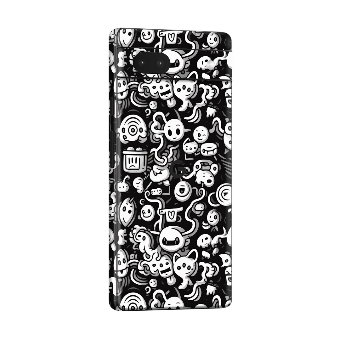 Pixel 6a Print Printed Custom SIGNATURE Pictogram Party Monochrome Black and White Icons Faces Skin Wrap Sticker Decal Cover Protector by QSKINZ | QSKINZ.COM