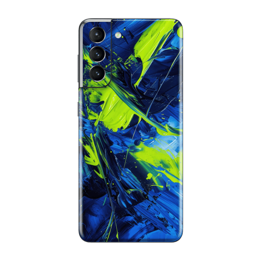 Samsung Galaxy S21 Print Printed Custom SIGNATURE Glowquatic Neon Yellow Green Blue Skin Wrap Sticker Decal Cover Protector by QSKINZ | QSKINZ.COM
