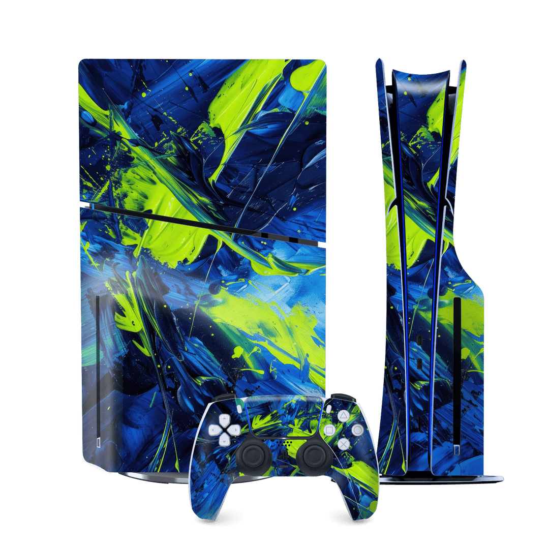 PS5 SLIM DISC EDITION (PlayStation 5 SLIM) Print Printed Custom SIGNATURE Glowquatic Neon Yellow Green Blue Skin Wrap Sticker Decal Cover Protector by QSKINZ | QSKINZ.COM