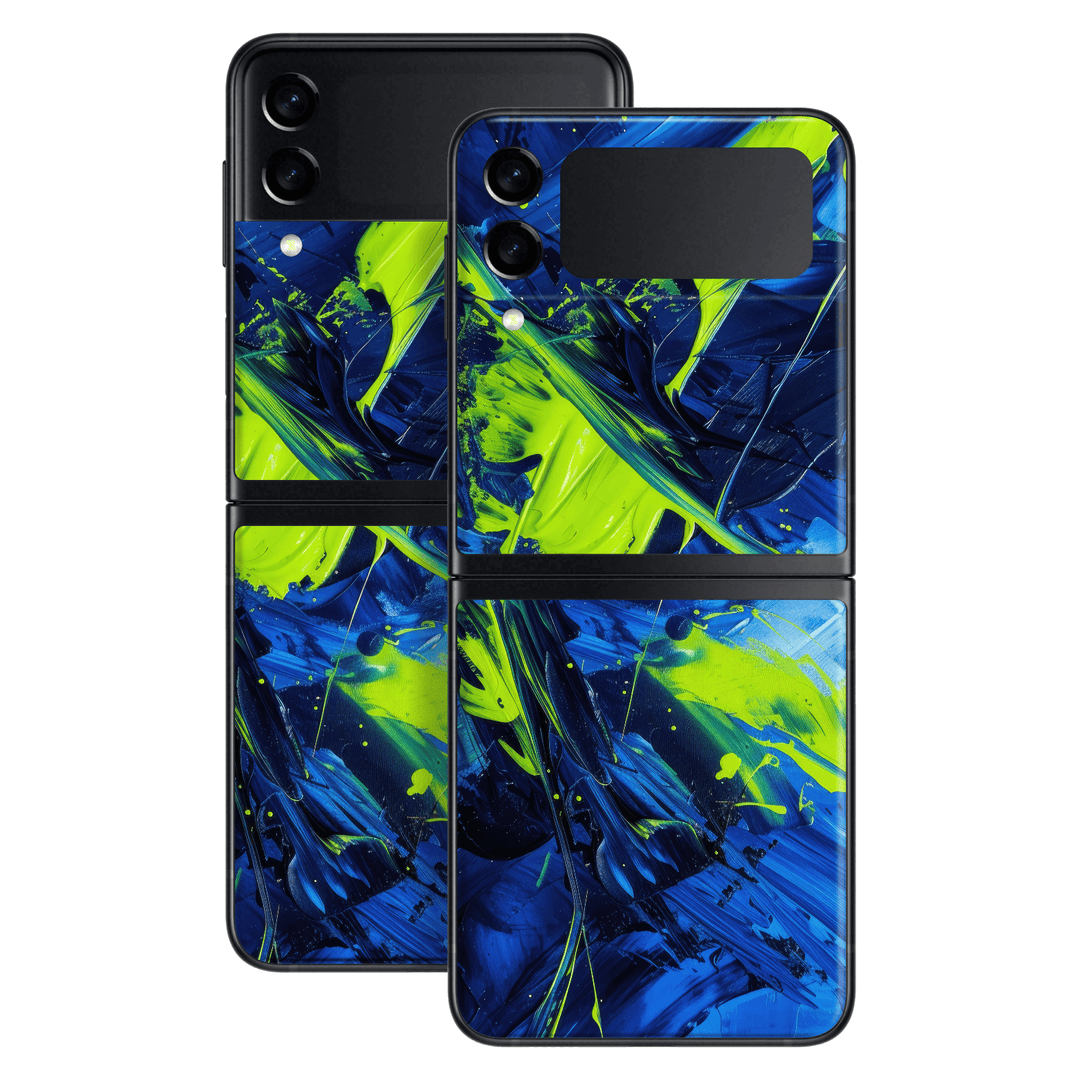 Samsung Galaxy Z Flip 3 Print Printed Custom SIGNATURE Glowquatic Neon Yellow Green Blue Skin Wrap Sticker Decal Cover Protector by QSKINZ | QSKINZ.COM