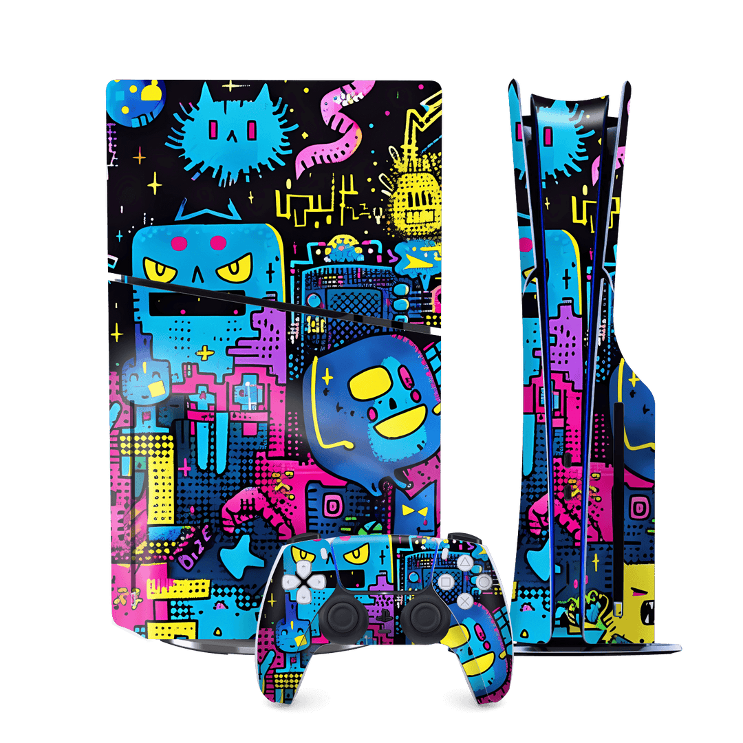 PS5 SLIM DISC EDITION (PlayStation 5 SLIM) Print Printed Custom SIGNATURE Arcade Rave Gaming Gamer Pixel Skin Wrap Sticker Decal Cover Protector by QSKINZ | QSKINZ.COM