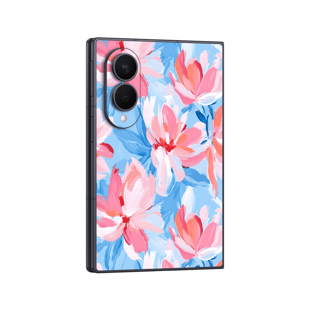 Galaxy Z FOLD 8 Printed Custom SIGNATURE "Blush Reverie" Pink and Blue Painted Floral Brushstroke Skin Wrap Sticker Decal Cover Protector by QSKINZ | QSKINZ.COM