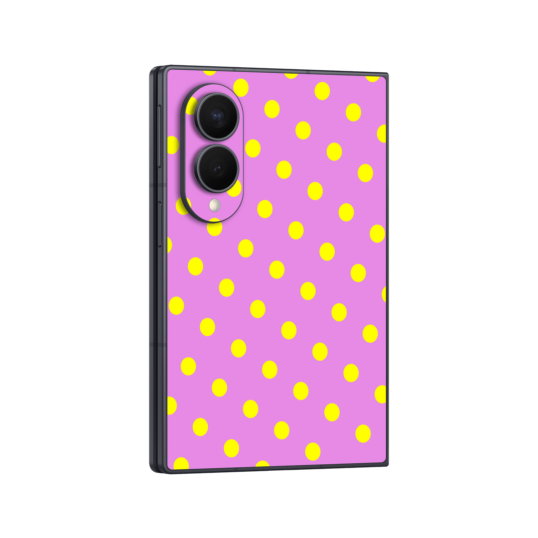Galaxy Z FOLD 8 Printed Custom SIGNATURE “Candy Polka Dot” Playful Pink & Yellow Polka Dot Skin Wrap Sticker Decal Cover Protector by QSKINZ | QSKINZ.COM