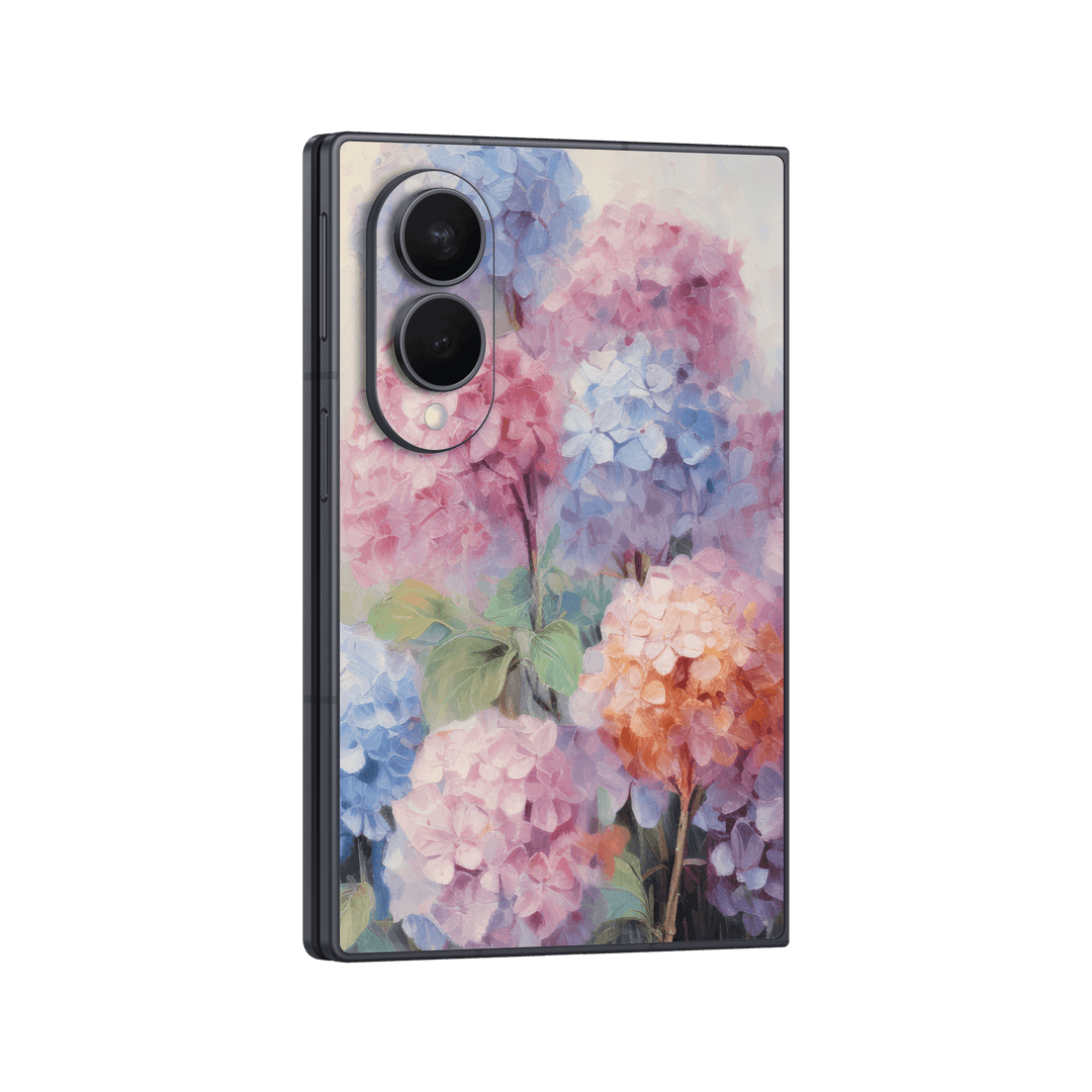 Galaxy Z FOLD 8 Printed Custom SIGNATURE "Hydrangea Haze" Pastel Pink Blue Hydrangea Oil Painting Floral Skin Wrap Sticker Decal Cover Protector by QSKINZ | QSKINZ.COM