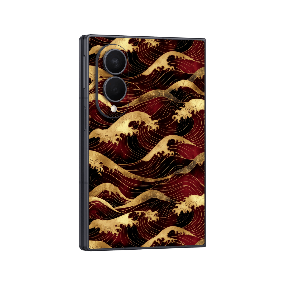 Galaxy Z FOLD 8 Printed Custom SIGNATURE "Kinnami" Dark Red Gold Japanese Seigaiha Wave Pattern Skin Wrap Sticker Decal Cover Protector by QSKINZ | QSKINZ.COM