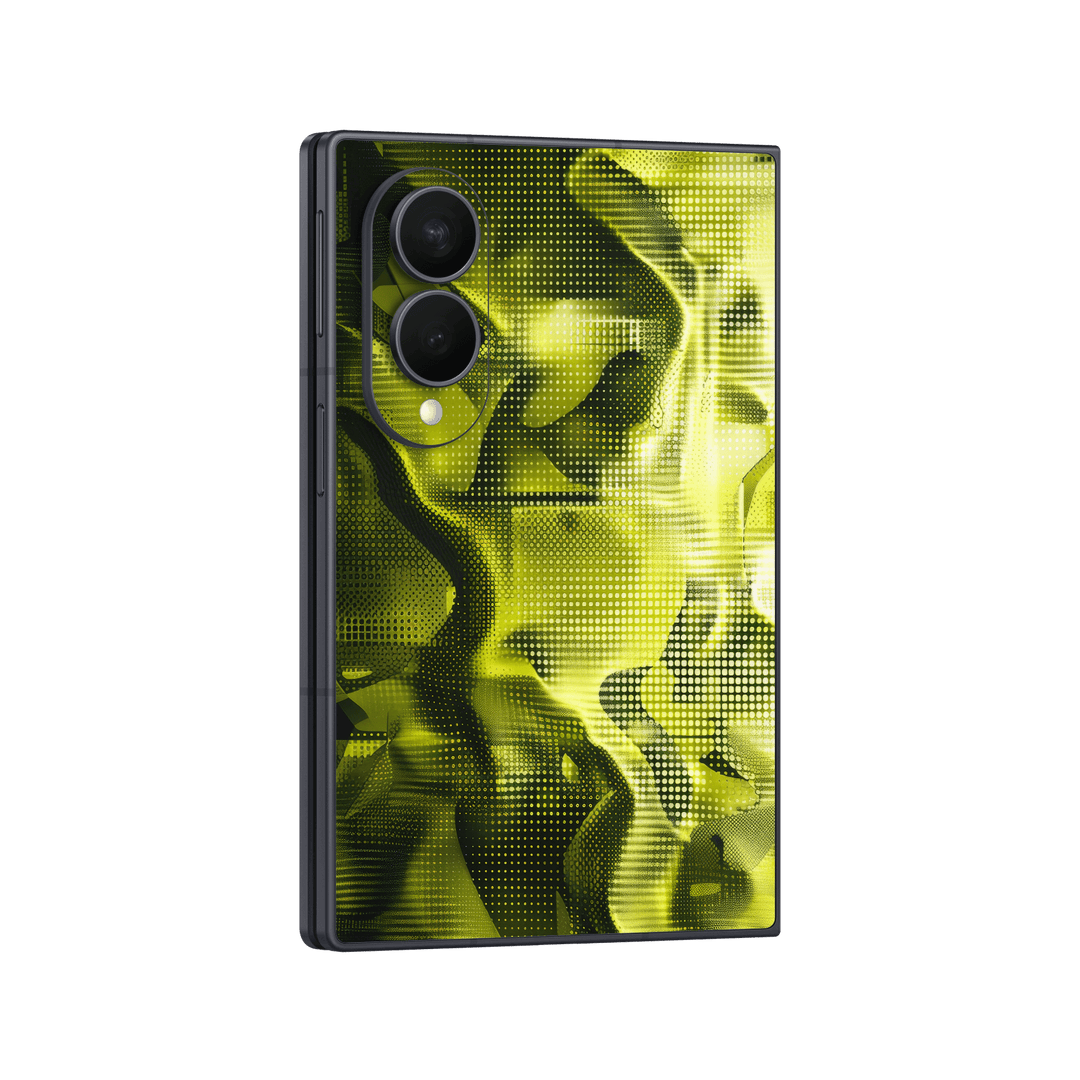 Galaxy Z FOLD 8 Printed Custom SIGNATURE “Toxic Halftone” Neon Yellow-Green & Black Halftone Glitch Skin Wrap Sticker Decal Cover Protector by QSKINZ | QSKINZ.COM