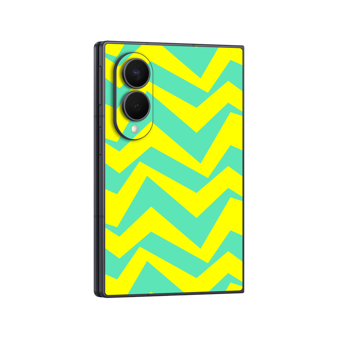 Galaxy Z FOLD 8 Printed Custom SIGNATURE “ZigPop Yellow-Turquoise” Bold Yellow & Turquoise Zigzag Geometric Skin Wrap Sticker Decal Cover Protector by QSKINZ | QSKINZ.COM