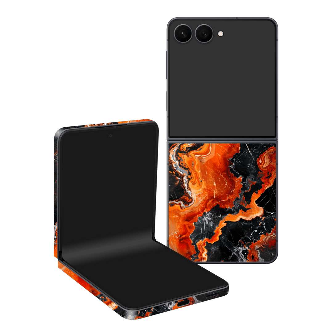Galaxy Z Flip 8 Printed Custom SIGNATURE “Magmora” AI Lava Orange & Black Skin Wrap Sticker Decal Cover Protector by QSKINZ | QSKINZ.COM