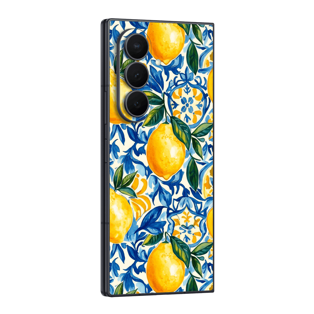 Galaxy Z Fold 8 ULTRA Printed Custom SIGNATURE "Capri Zest" Italian Lemon Blue and Yellow Tile Pattern Skin Wrap Sticker Decal Cover Protector by QSKINZ | QSKINZ.COM