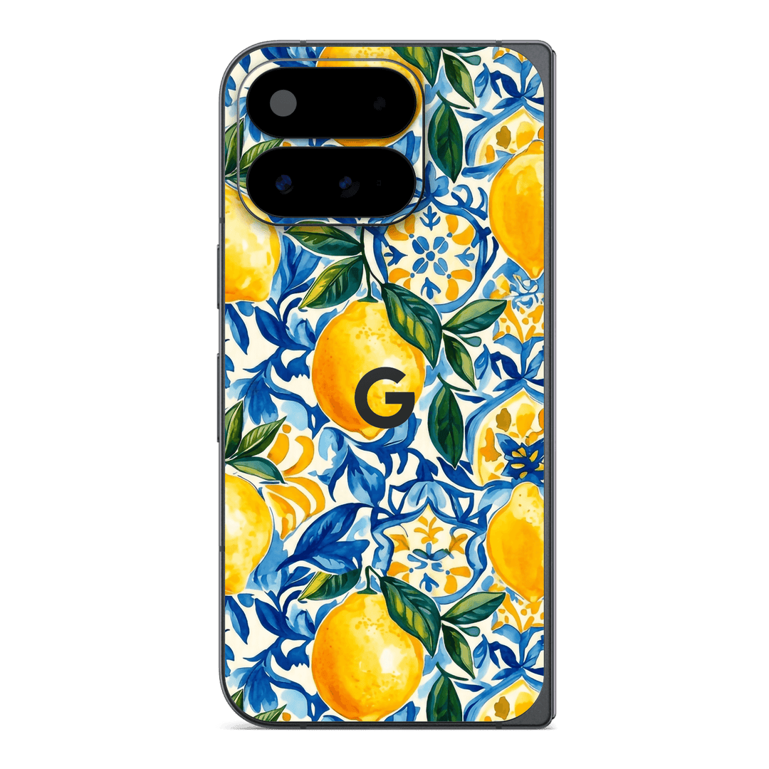 Google Pixel 11 Pro FOLD Printed Custom SIGNATURE "Capri Zest" Italian Lemon Blue and Yellow Tile Pattern Skin Wrap Sticker Decal Cover Protector by QSKINZ | QSKINZ.COM