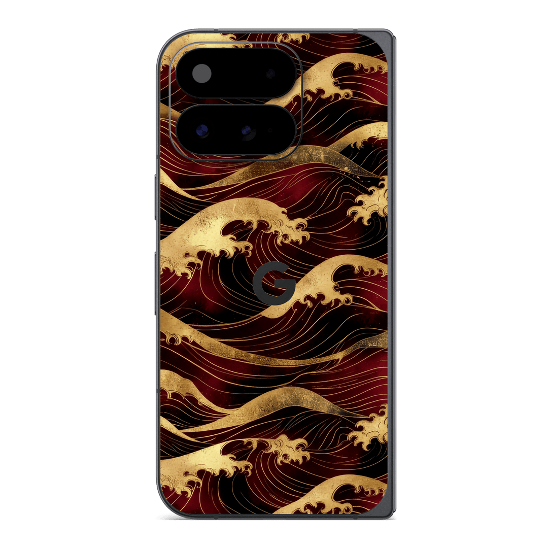 Google Pixel 11 Pro FOLD Printed Custom SIGNATURE "Kinnami" Dark Red Gold Japanese Seigaiha Wave Pattern Skin Wrap Sticker Decal Cover Protector by QSKINZ | QSKINZ.COM