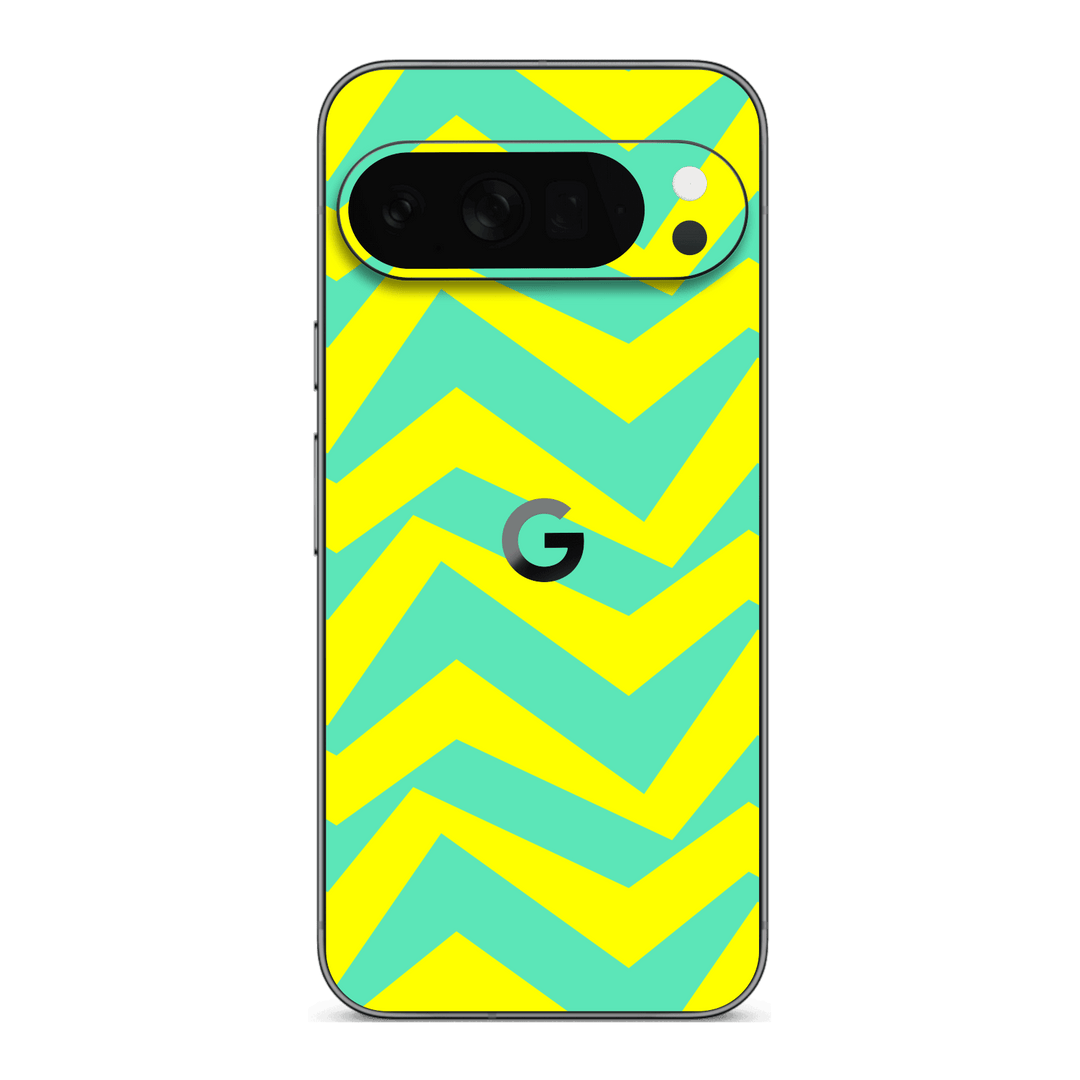 Pixel 10 PRO Printed Custom SIGNATURE “ZigPop Yellow-Turquoise” Bold Yellow & Turquoise Zigzag Geometric Skin Wrap Sticker Decal Cover Protector by QSKINZ | QSKINZ.COM