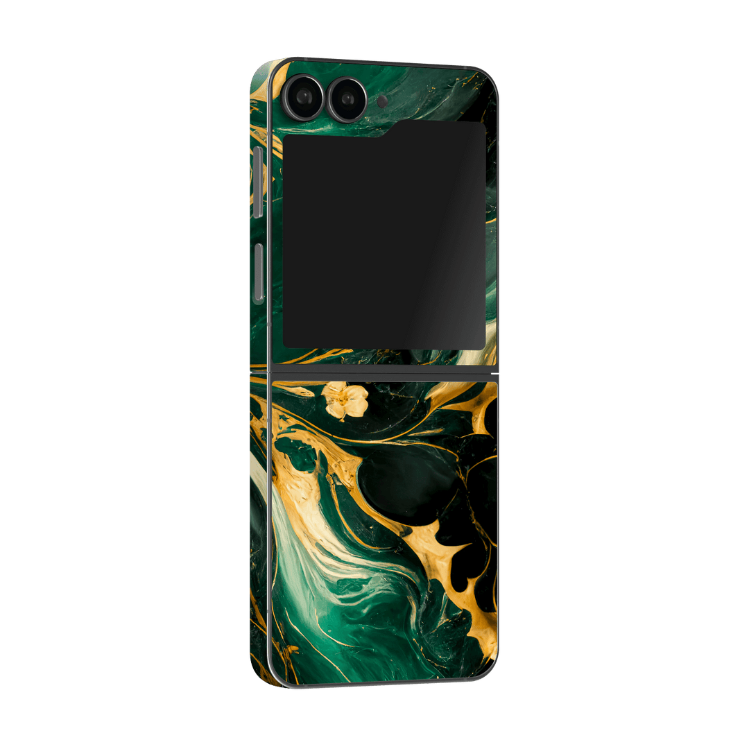 Samsung Galaxy Z Flip 6 (2024) Print Printed Custom SIGNATURE Agate Geode Royal Green Gold Skin Wrap Sticker Decal Cover Protector by Qskinz | Qskinz.com