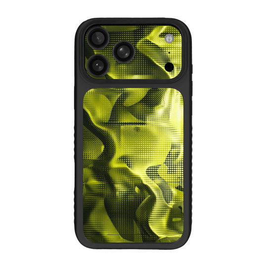 iPhone 17 Pro MAX Qcaze Fusion Printed Custom SIGNATURE “Toxic Halftone” Neon Yellow-Green & Black Halftone Glitch Skin Wrap Sticker Decal Cover CASE Protector by QSKINZ | QSKINZ.COM
