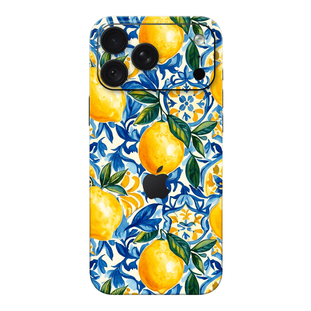 iPhone 18 PRO Printed Custom SIGNATURE "Capri Zest" Italian Lemon Blue and Yellow Tile Pattern Skin Wrap Sticker Decal Cover Protector by QSKINZ | QSKINZ.COM