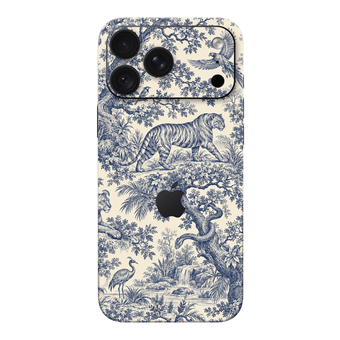 iPhone 18 PRO Printed Custom SIGNATURE "Tigre de Jouy" French Toile de Jouy Blue Tiger Jungle Skin Wrap Sticker Decal Cover Protector by QSKINZ | QSKINZ.COM