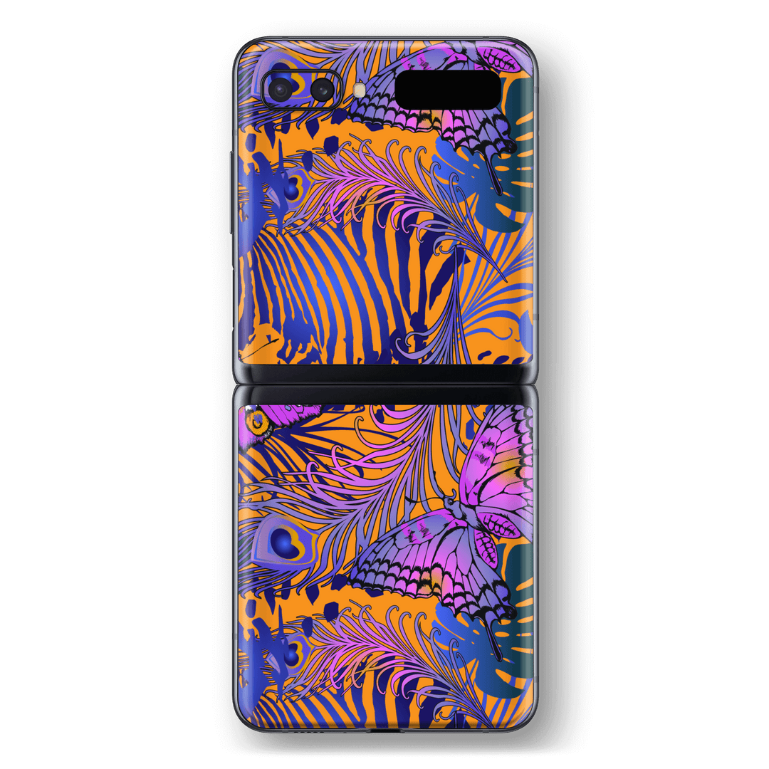 Samsung Galaxy Z Flip Print Printed Custom SIGNATURE Peacock Feathers and Butterflies Skin Wrap Sticker Decal Cover Protector by EasySkinz