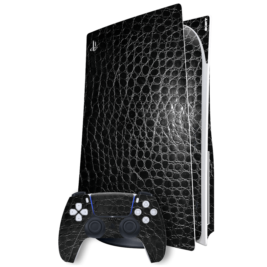 Playstation 5 (PS5) DISC Edition Luxuria Black Leather Alligator 3D Textured Skin Wrap Sticker Decal Cover Protector by EasySkinz | EasySkinz.com